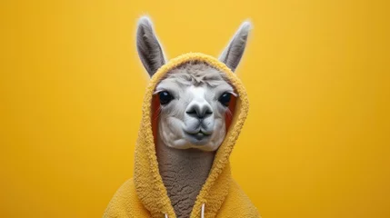 Foto op Canvas Funny lama in yellow hoodie, creative minimal concept on yellow background. Hipster lama in fashionable outfit for sale, shopping, advert © Happy Lab