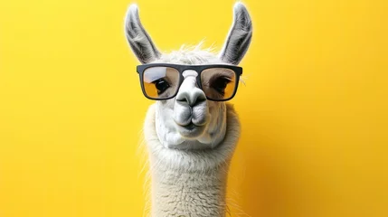 Cercles muraux Lama Funny lama in sunglasses, creative minimal concept on yellow background. Hipster lama in fashionable outfit for sale, shopping, advert