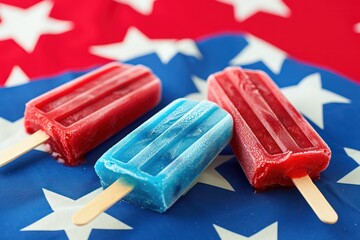 This is a conceptual photo is in the American flag colors of red white blue with pop art Popsicles...
