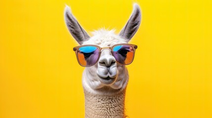 Obraz premium Funny lama in sunglasses, creative minimal concept on yellow background. Hipster lama in fashionable outfit for sale, shopping, advert