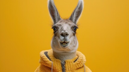Funny lama in yellow hoodie, creative minimal concept on yellow background. Hipster lama in fashionable outfit for sale, shopping, advert