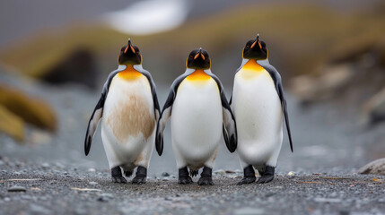 Three playful penguins in a row, each casting a curious gaze towards the camera lens