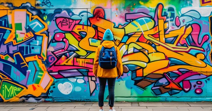 A person admires the vibrant street art mural on the wall, showcasing a colorful cartoon drawing, while wearing modern clothing and standing against a backdrop of graffiti and urban outdoor scenery