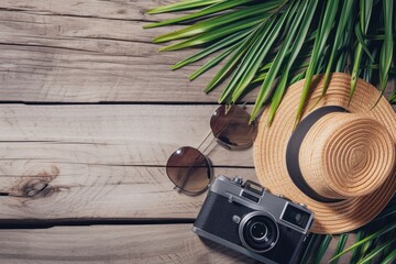 This is a photo of a feminine straw hat and palm fronds witha retro camera and sunglasses  - obrazy, fototapety, plakaty