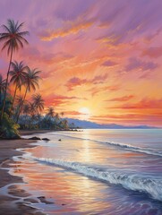 Fototapeta na wymiar Caribbean Beach Sunsets: Tranquil Evening Waves - Beach Scene Painting