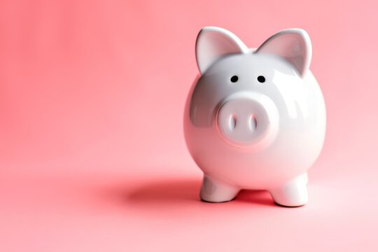 This is a photo of a large white piggy bank with 3D glasses on a pink background. This is a concept photo related to finance and entertainment 