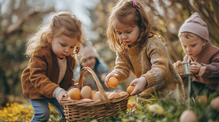 Children look for and collect colorful Easter eggs and put the eggs in a basket. Copy space - obrazy, fototapety, plakaty