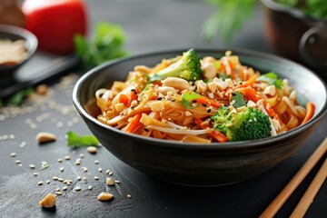 Pad Thai with broccoli, chicken and carrots sprinkled with peanuts on top. There are chopsticks on the side. 
