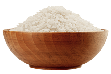 Rice in wooden bowl, isolated on white background, full depth of field
