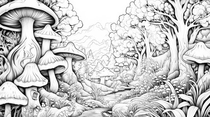 Enchanted forest scene with mushrooms and trees in detailed line art