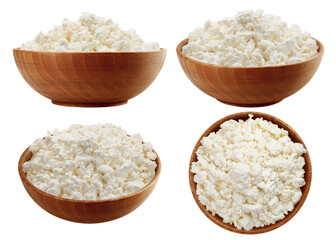 Cottage Cheese, Curd in wooden bowl, isolated on white background, full depth of field