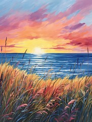 Caribbean Beach Sunsets: Coastal Meadow Painting with Swaying Grass at Dusk