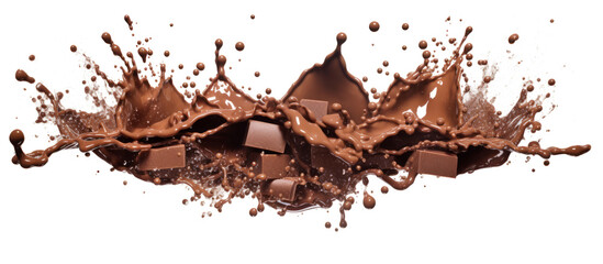 Dynamic chocolate splash with pieces on white background for dessert concept