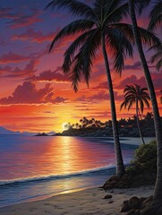 Caribbean Beach Sunsets: Calm Seas at Nightfall Art Print - Captivating Seascapes