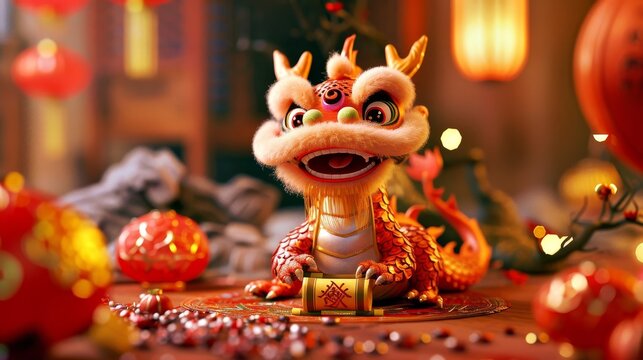 Un joli dragon tenant un parchemin de félicitations pour la richesse au bas de l'image, avec un arrière-plan simple du Nouvel An chinois