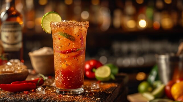 A michelada cocktail with lime and chili rim, amidst a bar backdrop