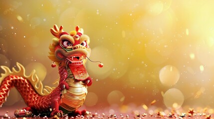 Un joli dragon tenant un parchemin de félicitations pour la richesse au bas de l'image, avec un arrière-plan simple du Nouvel An chinois