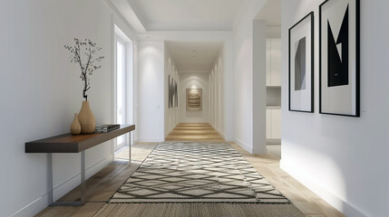 A minimalist hallway with a sleek console table, a geometric rug, and a series of monochrome prints on the wall. 