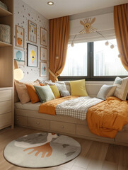 European minimalist style children's bedroom, built-in wardrobes, small windows, cute baby decorations