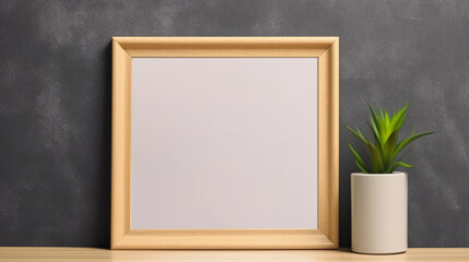 Wooden frame and green plant on desk against textured wall