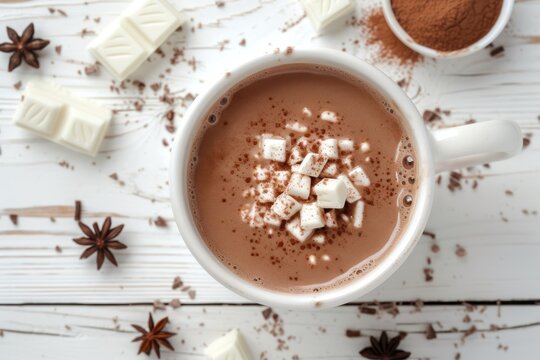 This is a photograph of hot chocolate on a white wood background