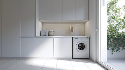 A minimalist laundry room with white cabinets, a folding area, and hidden appliances. 