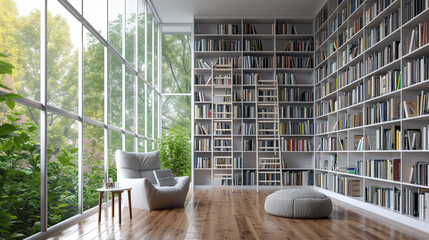 A minimalist library with wall-to-wall bookshelves, a ladder, and a comfortable reading chair. 