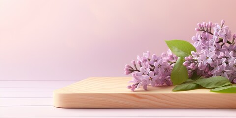 Obraz na płótnie Canvas Empty wooden platform for product presentation with lilac flowers on a pastel background.