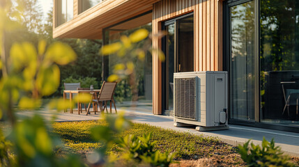 Outdoor unit of air source heat pump near the house, heating and cooling the house