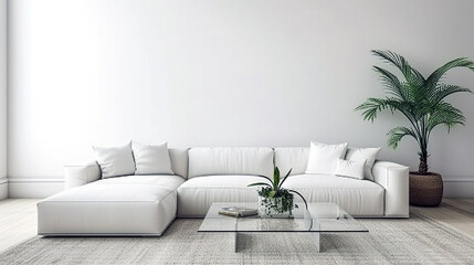 A minimalist living room with a white sectional sofa, a glass coffee table, and a large potted plant in the corner. 