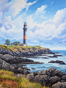 Coastal Lighthouse Views - Serene Canvas Print of a Shore with a Towering Lighthouse