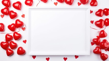 Valentine's Day banner with blank photo frame top view white background with small hearts andhearts balloons