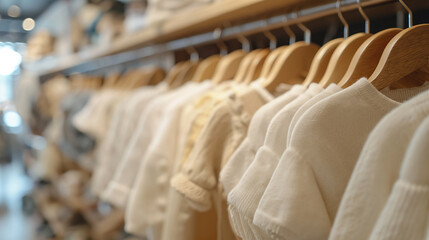 baby bodysuits on hangers in a store - obrazy, fototapety, plakaty