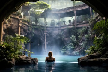 woman resting in the thermal pool at budapest. generative ai - obrazy, fototapety, plakaty