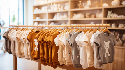 baby bodysuits on hangers in a store