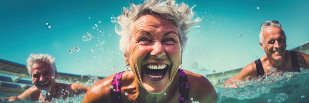 senior people exercising in a swimming pool. generative ai