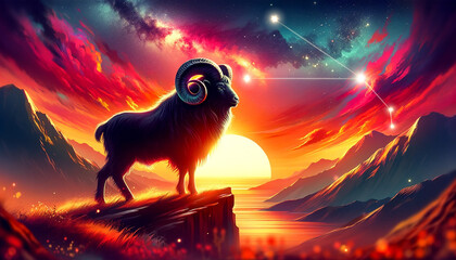 Aries Awakens: A Majestic Ram Overlooks the Dawn of Astrological Beginnings