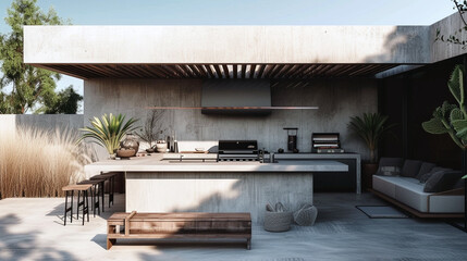 A minimalist outdoor kitchen with a built-in grill, concrete countertops, and minimal decor. 