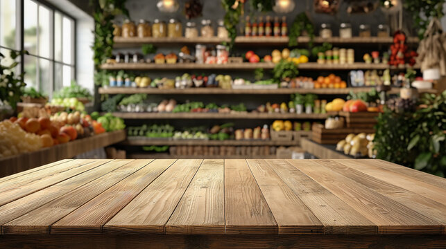 Empty wooden tabletop with bokeh lights on blurred background of a store with vegetables and fruits