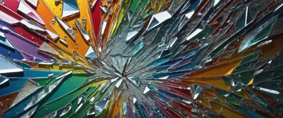 Destructing Beautifully.  Shattered glass in colors. Broken glass reflections in rainbow like colors. 