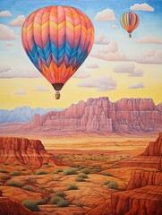 Colorful Desert Landscape Art: Ascending Hot Air Balloons in an Arid Region