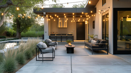 A minimalist patio with concrete flooring, simple outdoor furniture, and string lights.  - obrazy, fototapety, plakaty