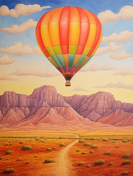 Colorful Hot Air Balloon Art: Desert Landscape Ascending in an Arid Region