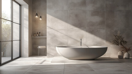 Fototapeta na wymiar modern contemporary bathroom with gray tiles and grey tub, in the style of white and beige, new contemporary