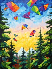 Colorful Kite Festival Scenes: Tree Line Artwork with Kites Flying above Treetops