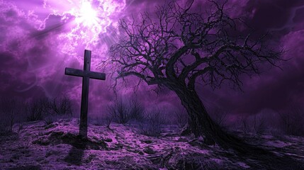 Surreal Ash Wednesday Tree Shadow Cross. A conceptual image capturing Ash Wednesday with a stark tree shadow forming an ash cross on the ground, set against a surreal purple sky