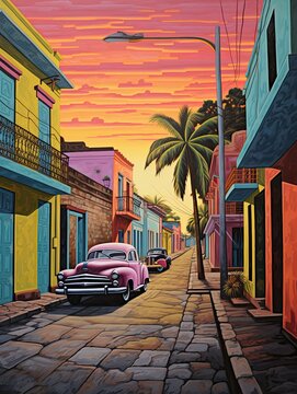 Cuban Vintage Car Art: Dawn Painting - Morning Hues, Cars Evoking Nostalgia