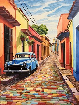Cuban Vintage Car Art: Cobblestone Pathways & Painted Lanes
