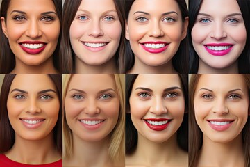 Obraz premium Different beautiful women with even teeth and long hair look at the camera and smile, Generative AI