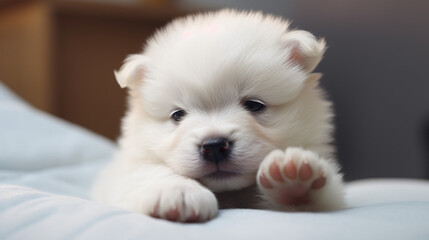 A cute little puppy sucking a finger